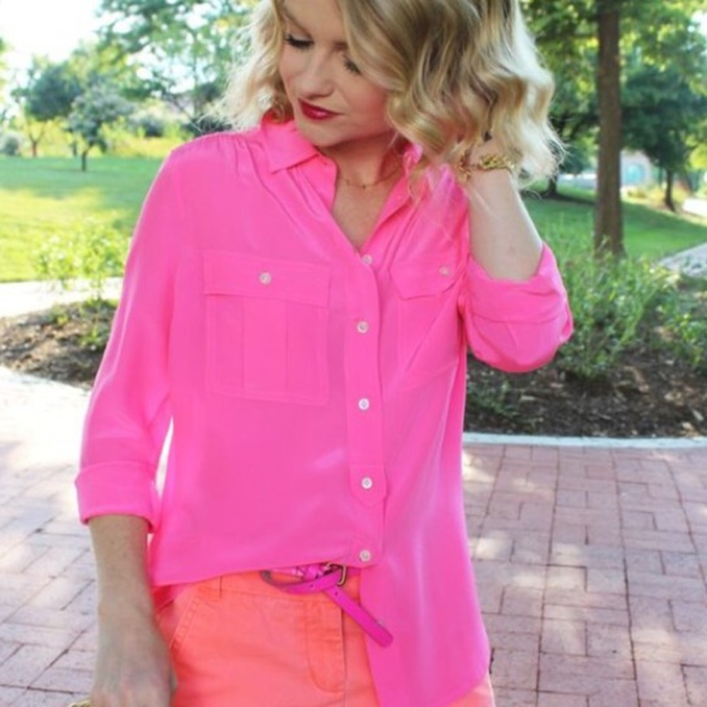 J. Crew Blythe Neon Pink Silk Top